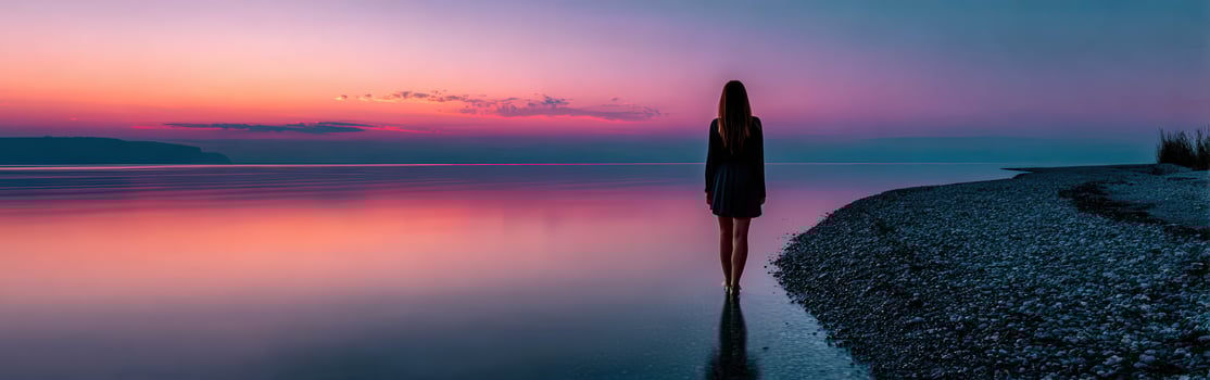 A person standing on the shore of a lake at sunset photo
