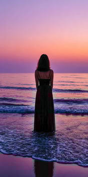 A woman in a long dress standing in the ocean at sunset photo