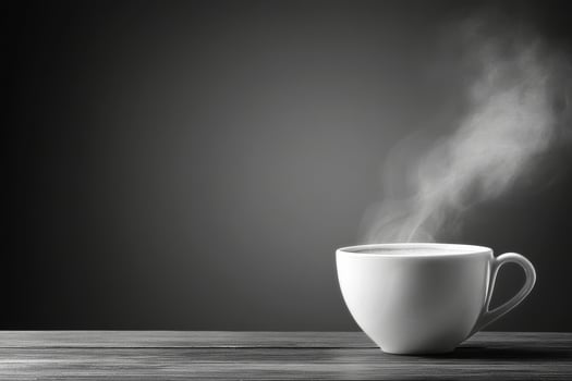Steaming Hot Coffee Cup on Wooden Table in Black and White Setting photo