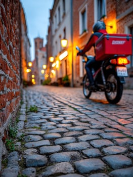 A man riding a motorcycle down a cobblestone street photo