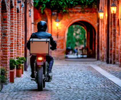 A man on a motorcycle with a box on his back photo