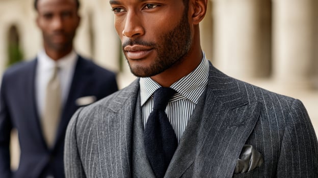 A man in a suit and tie standing next to another man photo