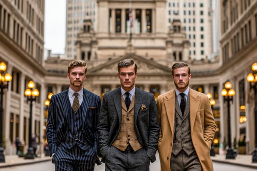 Three men in suits walking down the street photo