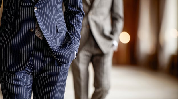Two men in suits walking down a hallway photo