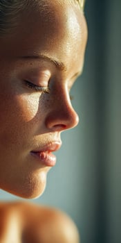 A woman with her eyes closed and her face in the sun photo