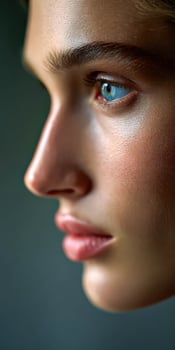A close up of a woman's face with blue eyes photo