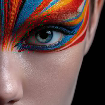 Close-up of woman's eye with colorful makeup design on face photo