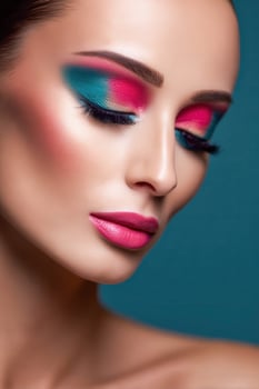 Woman with colorful makeup on eyes and pink lips close-up photo