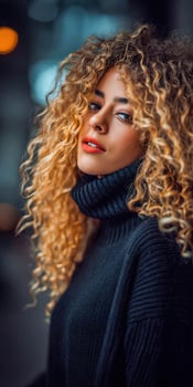 Beautiful woman poses with curly hair and dark sweater photo