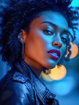 Woman in leather jacket under neon lighting at night photo