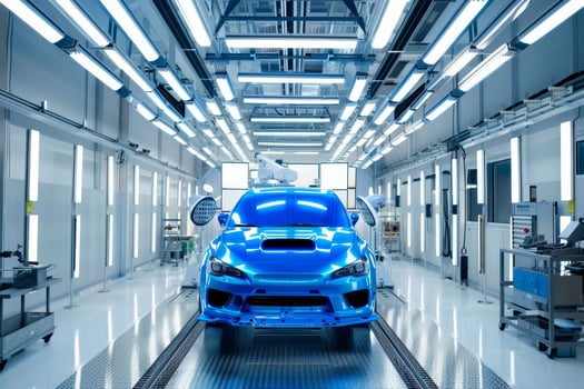 A bright assembly area features a blue car on a platform, surrounded by advanced equipment and a tidy production workspace photo