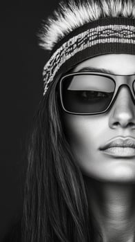 A beautiful Native American woman showcases her culture with sunglasses and a traditional headband, exuding confidence against a dark backdrop photo