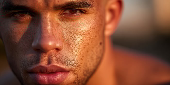 Intense close-up of determined Man sweating after exercise photo