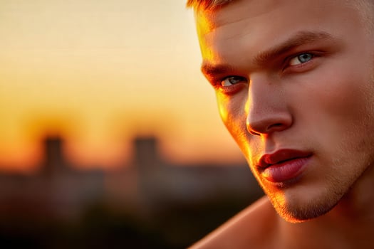 Handsome man portrait at golden hour in urban location photo