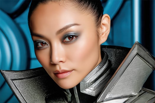 Woman wearing futuristic costume poses for close-up portrait photo