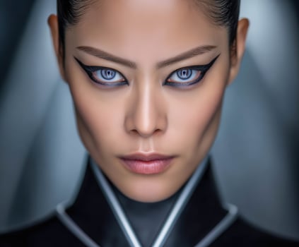 Close-up portrait of a beautiful Woman with striking eye makeup photo