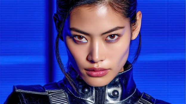Woman in futuristic suit looking directly at camera photo