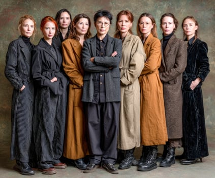 Group of women in fashionable outerwear standing together photo