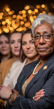 Woman in striped jacket stands with younger women behind her photo
