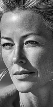 Woman's intense gaze captured in black and white closeup portrait photo