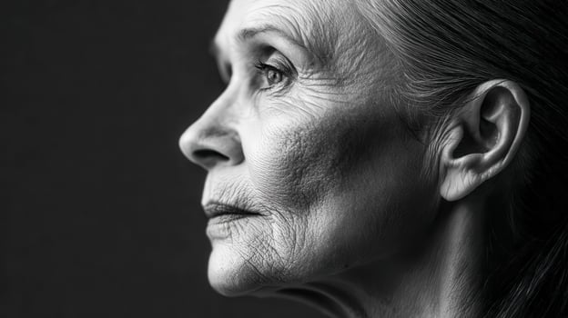 Close up of woman's face in profile, gray tone portrait photo