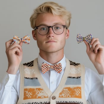 A man in glasses and a sweater holding two bow ties photo