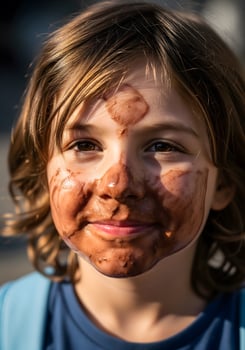 A young, male child, appearing joyful, has a face covered in chocolate, looking directly at the viewer with a sweet smile photo