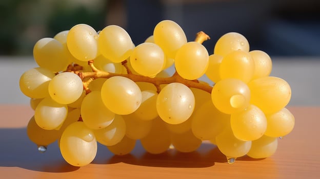 A bunch of ripe, juicy yellow grapes glistening with moisture. photo