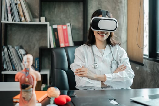 A female doctor wearing a VR headset in a medical office, exploring virtual reality for healthcare training and education. photo