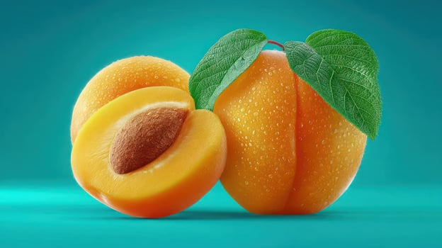 Fresh apricots with a halved fruit, vibrant colors, close-up view. photo