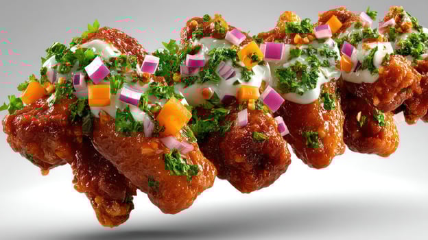 Spicy chicken wings with herbs and sauce. photo
