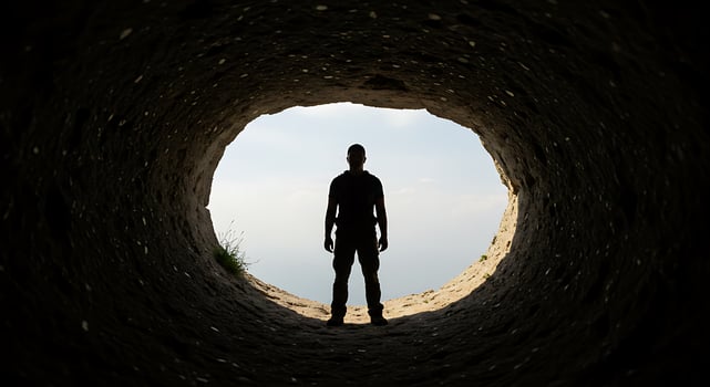 A man standing in a tunnel looking out photo