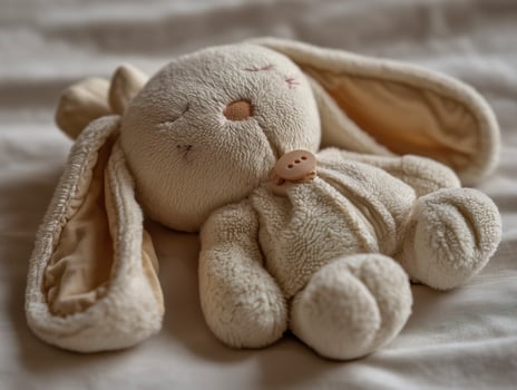Soft rabbit plush toy resting on a bed. photo