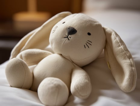 Soft plush bunny toy on a cozy bed. photo