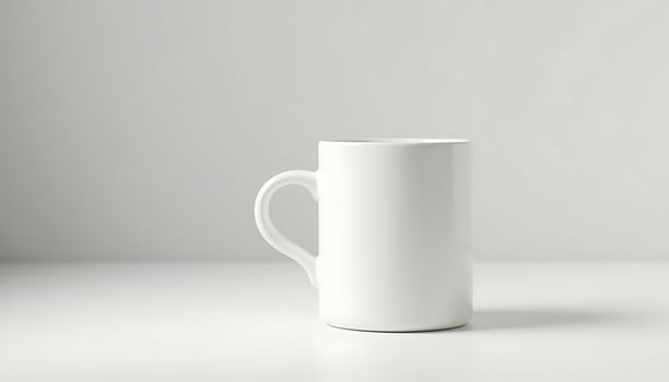 White Mug Still Life on White Surface with Minimalist Background photo