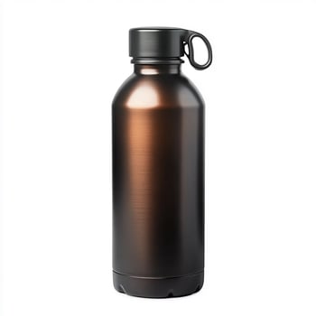 A sleek brown metallic water bottle with a black lid and carrying loop on a white background photo