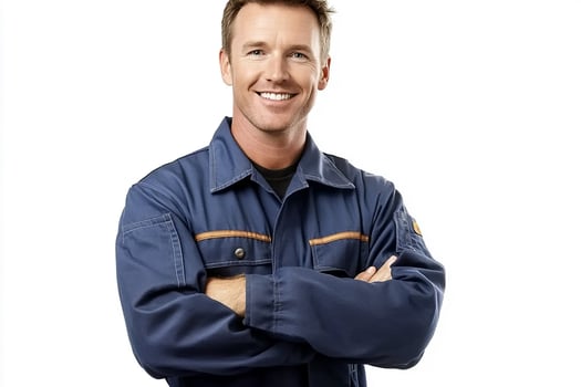Portrait of a smiling man with arms crossed wearing a blue work shirt on a white background photo