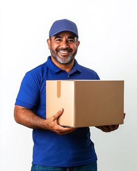 delivery man in blue uniform holding a cardboard box with a smile on a white background photo