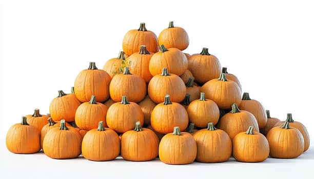 A pyramid of pumpkins stacked on top of each other against a plain white background scene photo