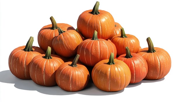 A pile of pumpkins with visible stems arranged on a white background in a studio setting photo