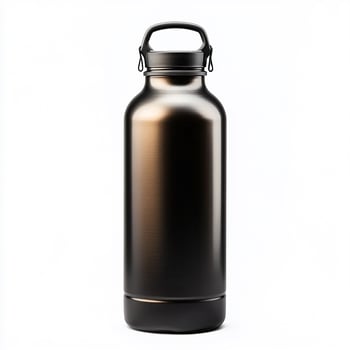 A sleek metal water bottle with a handle on top against a plain white background studio shot photo