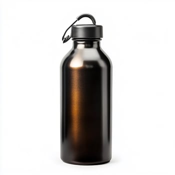 A sleek metallic black water bottle with a black cap and loop isolated on white background photo