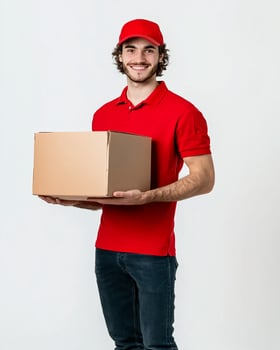 A delivery man in red uniform holding a cardboard box against a plain white background smile photo