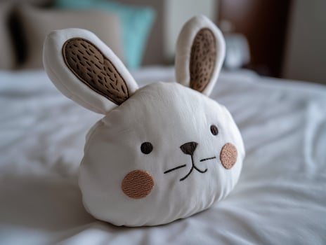 Cute plush bunny toy on a bed. photo
