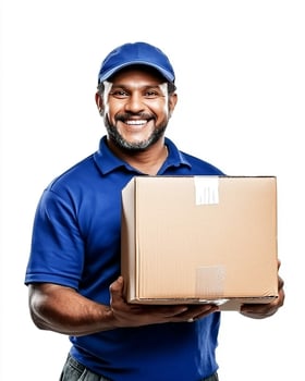 smiling delivery man in blue uniform holding a cardboard box against photo