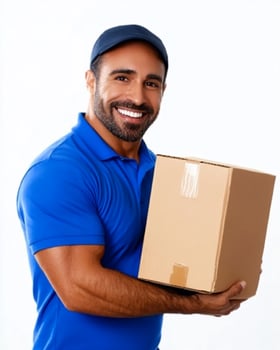 Smiling delivery man in blue uniform holding a cardboard box against a white background photo