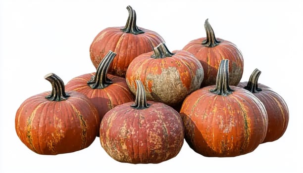 A group of eight pumpkins with brown stems and orange skin on a white background isolated shot photo