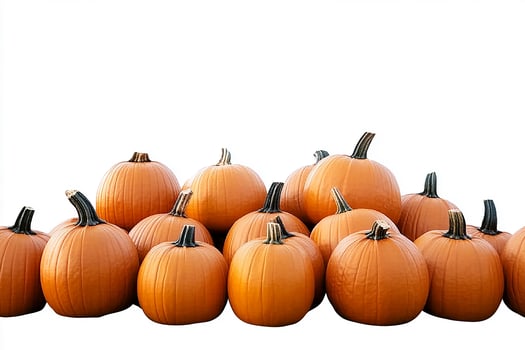 A group of orange pumpkins stacked together against a white background in a studio shot photo