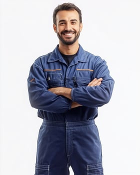 A Cute smiling man in blue work overalls with arms crossed on a white background studio shot photo