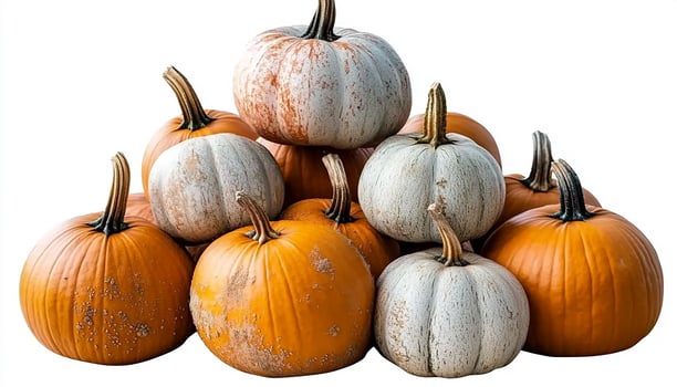 A pile of several orange and white pumpkins stacked on top of each other on a white background photo